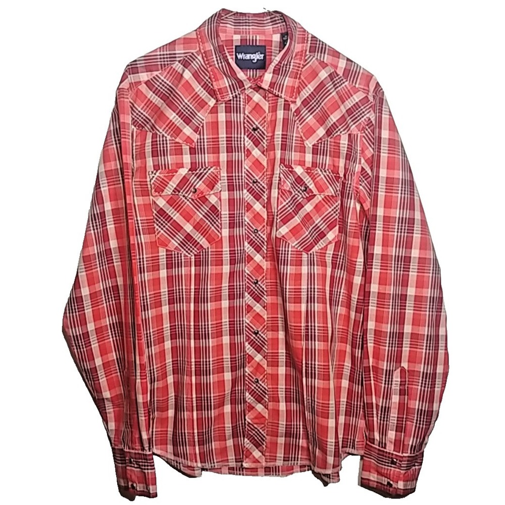 Wrangler Men's Med Red Black Pearl Snap Double Western Yoke Plaid Shirt